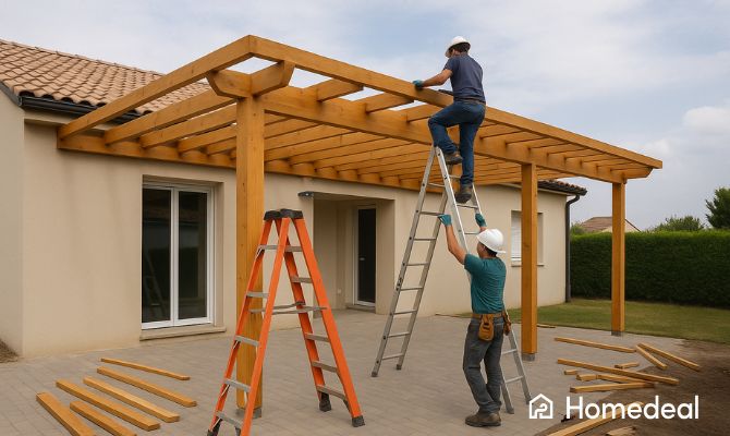 Tettoie in legno prezzi – installazione di una tettoia in legno addossata alla casa con due operai al lavoro su scale durante il montaggio della struttura - Homedeal