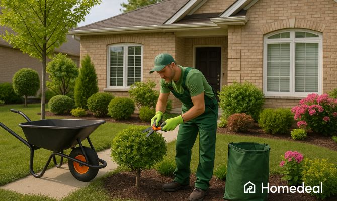 Giardiniere che pota un piccolo arbusto in un giardino residenziale, con carriola e sacco da giardinaggio davanti a una casa con prato curato - Homedeal
