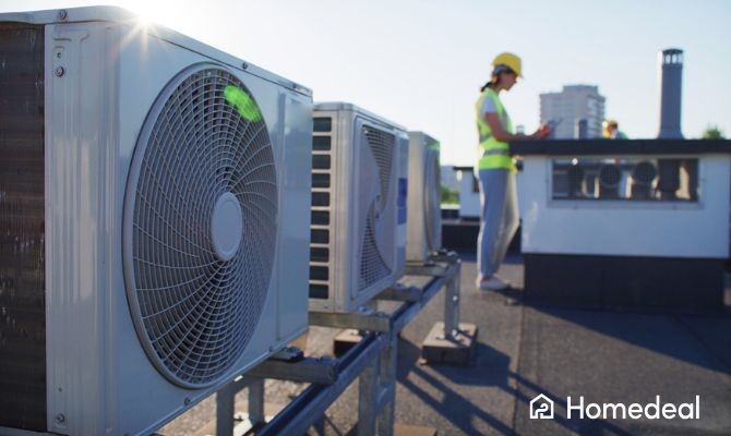 Unità esterna di condizionatori installati su un tetto, tecnico specializzato al lavoro - Homedeal