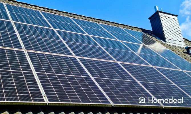 Pannelli solari installati su un tetto inclinato con tegole nere, sotto un cielo azzurro, in una giornata di sole. - Homedeal