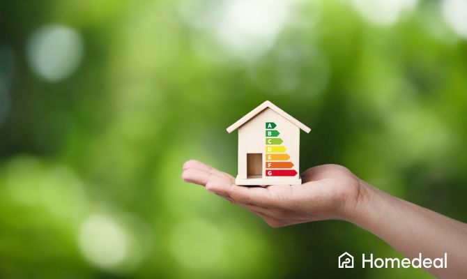 Mano che sostiene una miniatura di casa con scala di efficienza energetica, simbolo di ristrutturazione bioedilizia e case in bioedilizia ecosostenibili - Homedeal