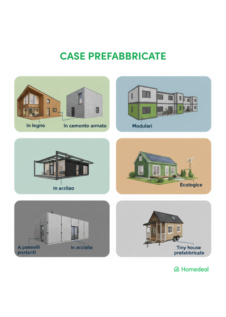 Infografica tipologie di case prefabbricate: in legno, in cemento armato, modulari, in acciaio, ecologiche, a pannelli portanti e tiny house prefabbricate - Homedeal
