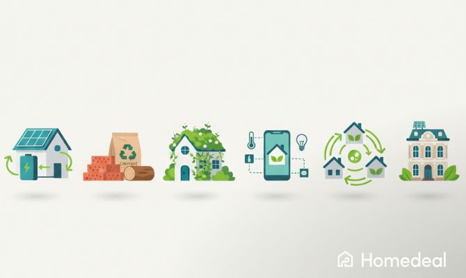 Icone illustrate dei trend futuri delle case in bioedilizia: abitazione a energia quasi zero con pannelli solari, materiali riciclati ed ecosostenibili, casa con tetto verde e giardino verticale, domotica smart, comunità energetiche, recupero di edifici storici in chiave sostenibile - Homedeal