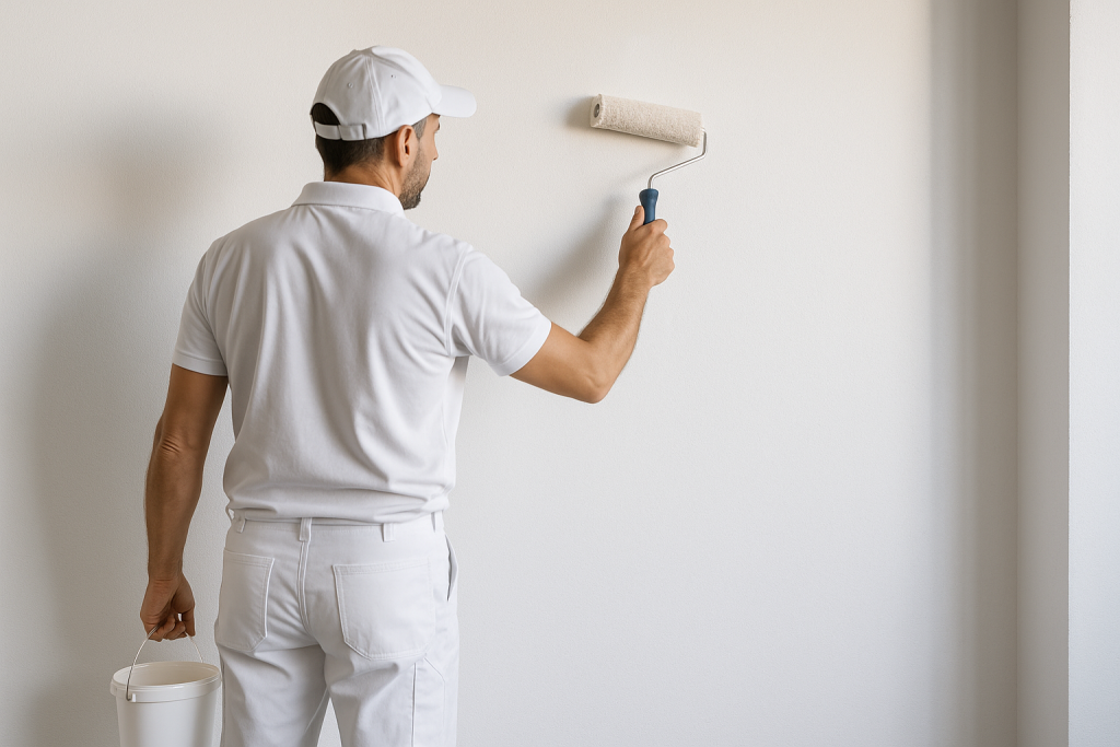 Imbianchino che dipinge una parete interna con un rullo e secchio di vernice bianca - Homedeal