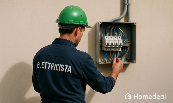 Elettricista con casco verde Homedeal che lavora su un quadro elettrico - Homedeal