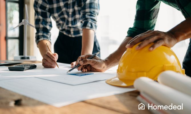 Architetti al lavoro su progetto edilizio con casco da cantiere – tariffe architetto per consulenza e ristrutturazioni - Homedeal