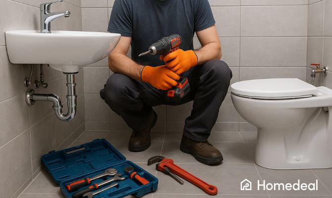 Idraulico che installa sanitari in bagno con trapano e set di attrezzi sul pavimento accanto a wc e lavandino - Homedeal