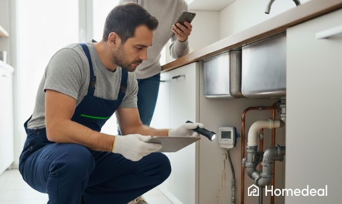 Idraulico che effettua un controllo sotto il lavandino durante un intervento domestico, esempio di preventivo idraulico - Homedeal 