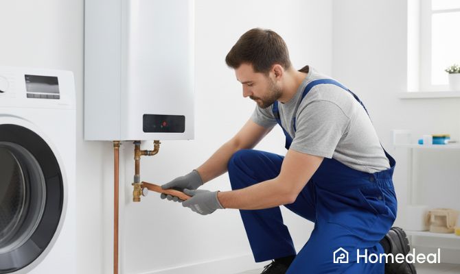 Idraulico installa uno scaldabagno moderno in casa accanto a una lavatrice, durante un intervento di manutenzione domestica - Homedeal