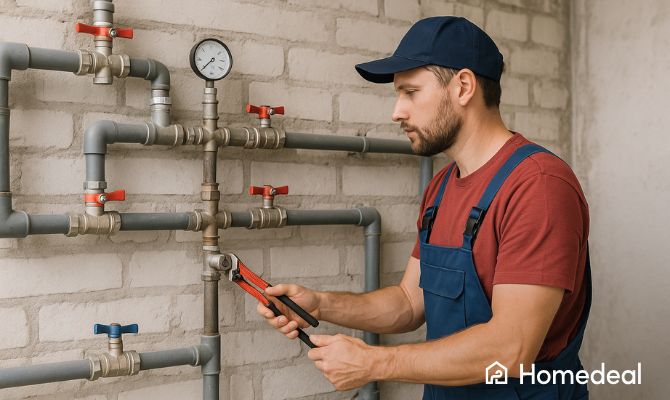 Idraulico professionista che regola tubi e valvole di un impianto idraulico con una chiave inglese - Homedeal