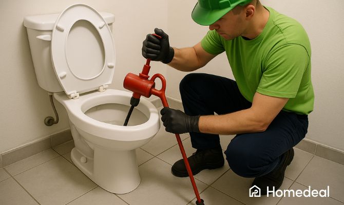 Idraulico durante la disotturazione di un WC con attrezzo professionale per sturare le tubature - Homedeal