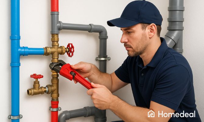 Idraulico professionista che regola le tubature di un impianto idraulico domestico, durante un intervento di manutenzione o installazione, con chiave inglese e condotti colorati - Homedeal