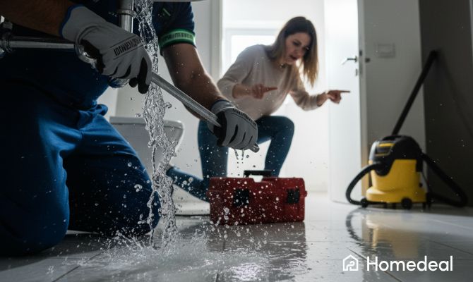 Impiegato durante un pronto intervento idraulico per perdita d’acqua in casa, con pavimento allagato e cliente preoccupata sullo sfondo - Homedeal