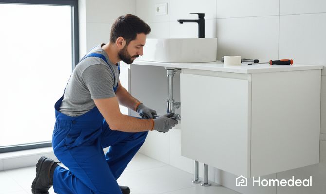 Idraulico che installa o ripara la rubinetteria sotto un lavandino moderno in bagno - Homedeal