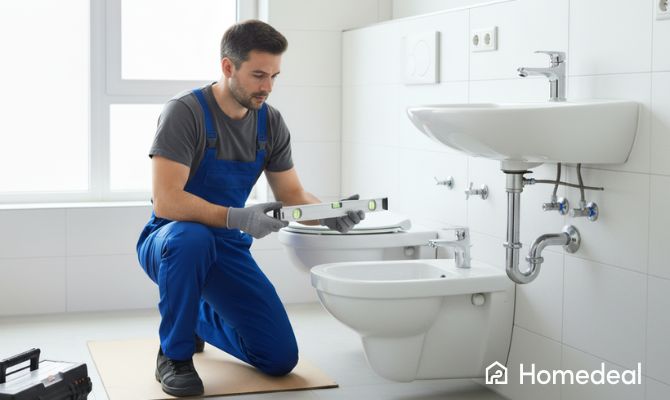 Idraulico che installa sanitari bagno sospesi, controllando il livello del WC e del lavandino in un bagno moderno - Homedeal