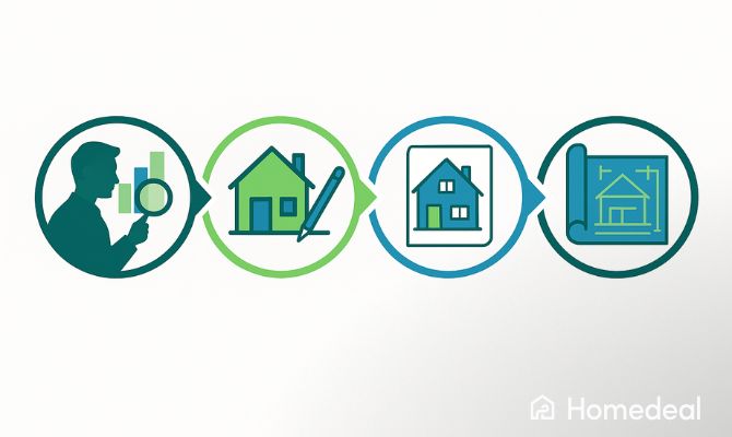 Infografica Homedeal sulle fasi della progettazione architettonica: analisi preliminare, bozza del progetto, progetto definitivo ed esecutivo - Homedeal 