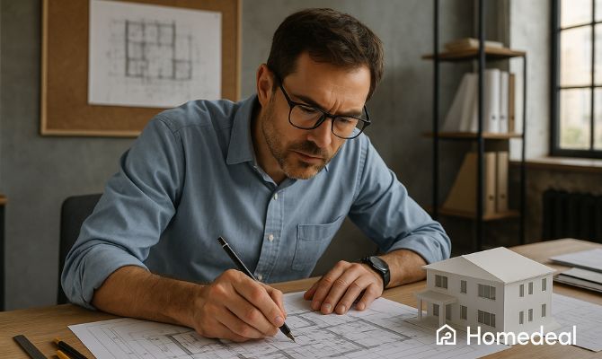 Architetto al lavoro sulla progettazione architettonica di una nuova abitazione con modellino 3D su scrivania - Homedeal