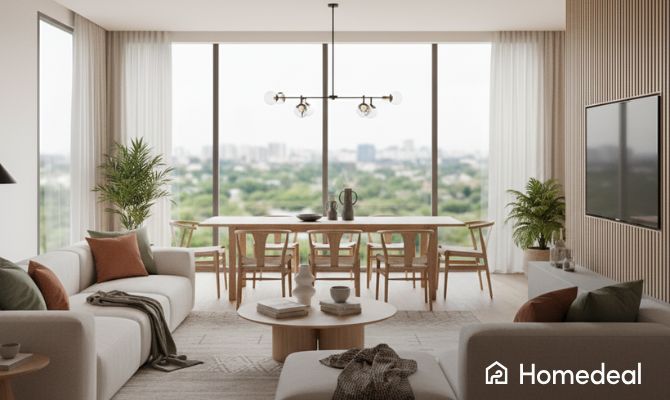 Soggiorno moderno con design minimalista, arredo su misura e ampie vetrate: esempio di interior design contemporaneo - Homedeal