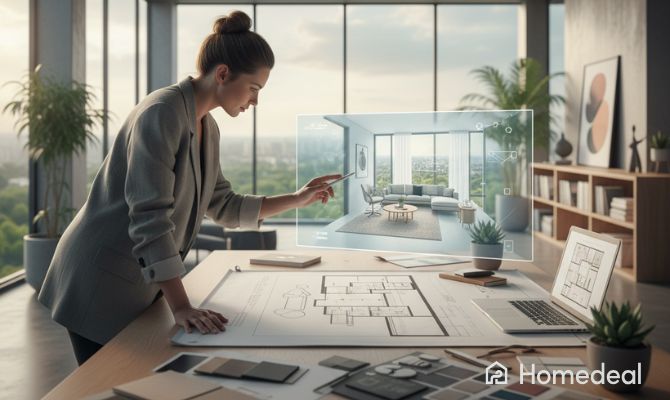 Architetto d’interni che progetta un soggiorno moderno con rendering 3D e planimetrie di interior design - Homedeal