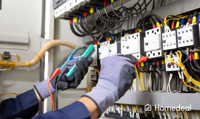 Tecnico elettricista che esegue test su un quadro elettrico con multimetro digitale, indossando guanti protettivi e verificando la tensione dei circuiti - Homedeal
