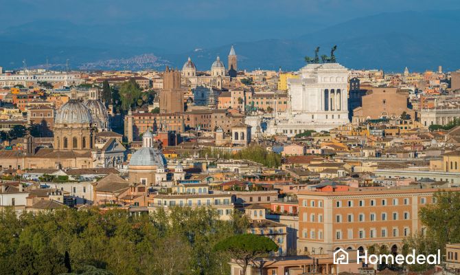 Panorama della città con edifici storici a Roma, dove molti proprietari cercano professionisti per infissi a Roma di qualità - Homedeal 