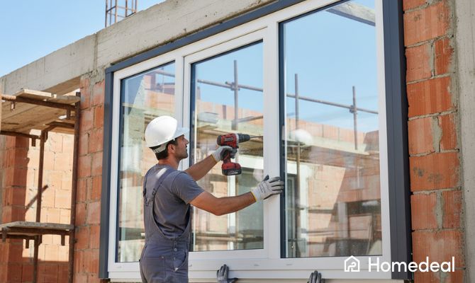 Installatore professionista che monta una finestra monoblocco in un edificio in costruzione - Homedeal