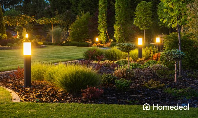 Giardino curato con illuminazione LED a paletti tra aiuole e piante decorative al tramonto, esempio di progettazione giardini Homedeal