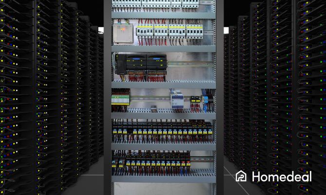 Quadro elettrico ampliato con interruttori e moduli di controllo, installato in un ambiente tecnico tra server e sistemi di alimentazione - Homedeal