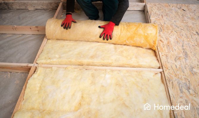 Posa di pannelli in lana di vetro per isolamento termico del pavimento durante una ristrutturazione – isolamento termico casa professionale. - Homedeal