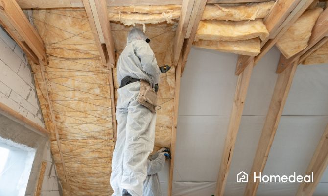 Operaio applica materiale isolante in lana minerale sul tetto di un sottotetto in fase di ristrutturazione, indossando tuta protettiva – isolamento termico professionale - Homedeal