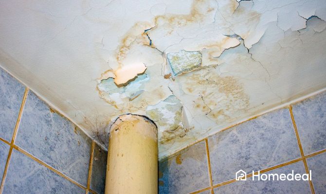 Infiltrazione d’acqua nel soffitto di un bagno con intonaco scrostato, macchie di umidità e segni evidenti di perdita attorno a una tubatura - Homedeal