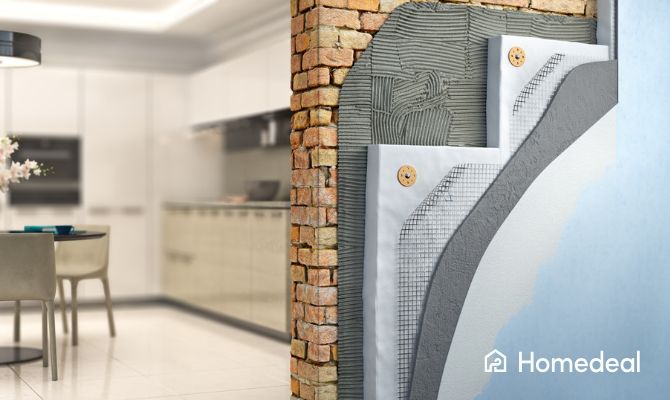 Sezione di parete interna con strati di isolamento termico a cappotto visibili – sistema multistrato per isolamento termico casa efficace e moderno. - Homedeal