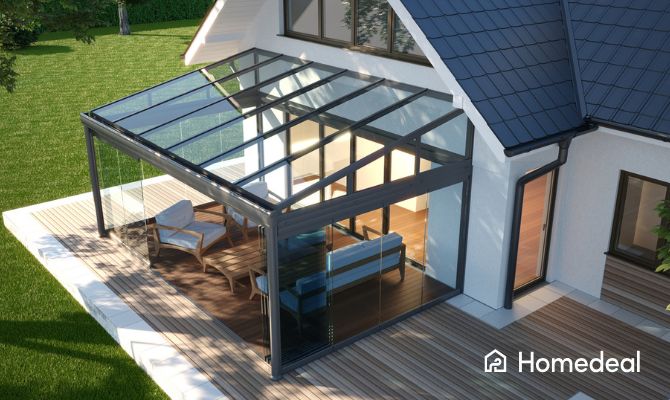Copertura fissa in vetro per tettoia da giardino collegata alla casa, ideale per creare una veranda elegante e luminosa - Homedeal
