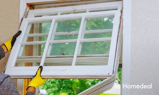 Operaio che rimuove una vecchia finestra in legno con vetro singolo per l’installazione di doppi vetri su infissi esistenti - Homedeal