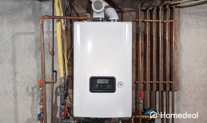 Caldaia a condensazione moderna installata su parete con tubazioni in rame, esempio di impianto di riscaldamento efficiente per abitazioni residenziali - Homedeal
