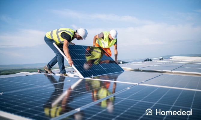 Due tecnici installano un pannello fotovoltaico su un tetto, indossando caschetti e giubbotti di sicurezza - Homedeal