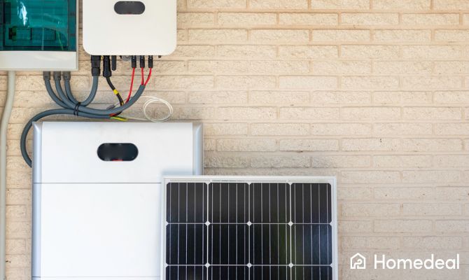 Sistema di accumulo fotovoltaico installato su una parete esterna, con batteria, inverter e pannello solare a vista - Homedeal