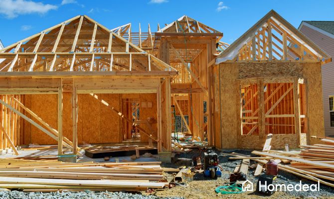 Struttura in legno di una casa in fase di costruzione, con tetto aperto e materiali da cantiere visibili, rappresenta le fasi iniziali di costruzione di una casa da zero - Homedeal