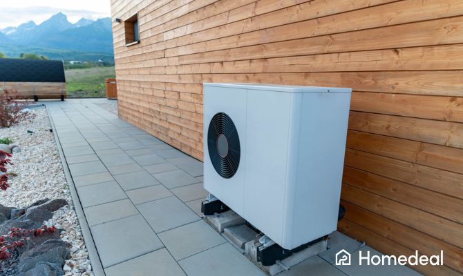 Unità esterna pompa di calore aria-acqua installata in giardino con rivestimento moderno - Homedeal