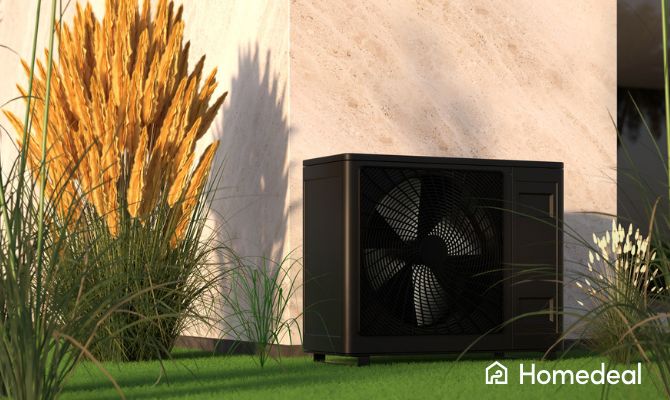 Unità esterna di una pompa di calore installata in un giardino moderno, vicino a una parete in pietra, circondata da piante ornamentali - Homedeal