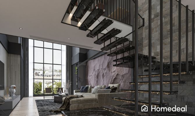Scala interna moderna in metallo e marmo in un soggiorno di design con parete in pietra e grandi finestre panoramiche, design sospeso e minimalista - Homedeal