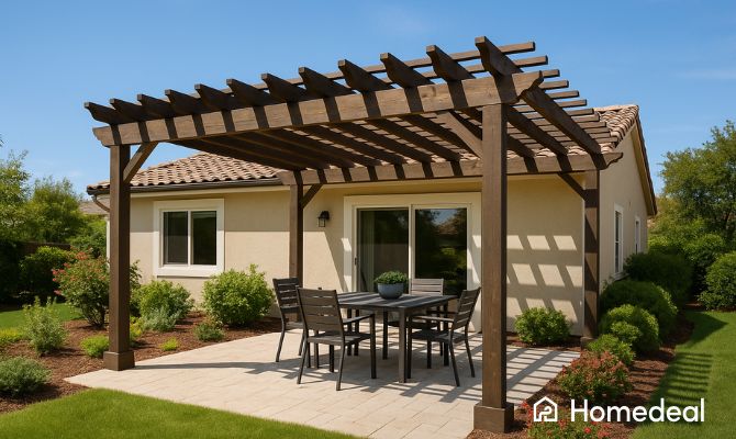 Pergolato in legno su patio con tavolo e sedie da esterno davanti a una casa moderna con giardino curato - Homedeal