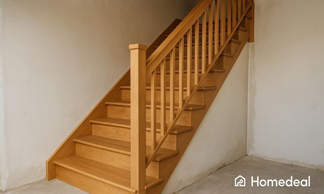 Scala in legno interna con corrimano e balaustra, modello chiuso moderno in quercia, installata in ambiente domestico - Homedeal