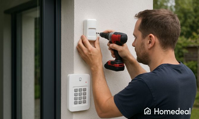 Installazione di un sistema antifurto domestico con trapano, sensore e tastierino di controllo montati sulla parete esterna di una casa - Homedeal