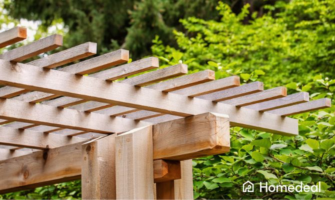 Pergola in legno da giardino con struttura robusta e listelli orizzontali, circondata da vegetazione verde - Homedeal