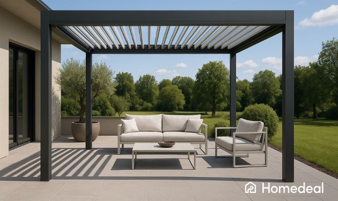 Pergola bioclimatica moderna in alluminio con lamelle orientabili e area relax arredata con divani da esterno - Homedeal