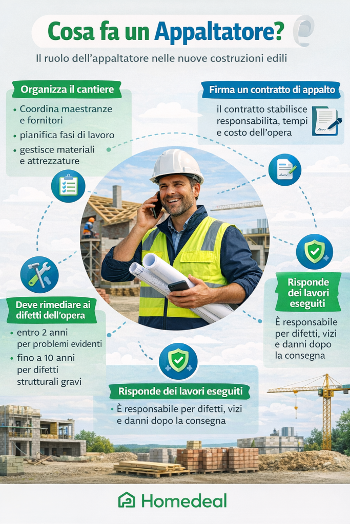 Infografica illustrata che spiega cosa fa un appaltatore nelle nuove costruzioni, dalla gestione del cantiere al contratto e alla responsabilità sui lavori eseguiti - Homedeal 