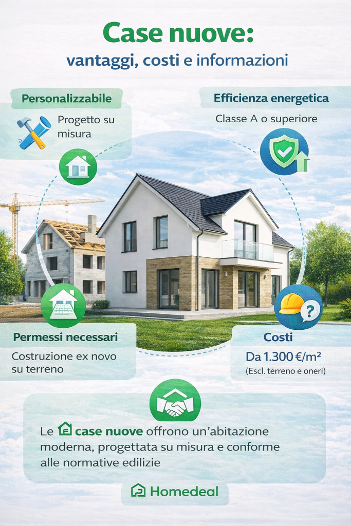 Infografica sulle case nuove che mostra vantaggi, costi indicativi, personalizzazione, permessi necessari ed efficienza energetica - Homedeal