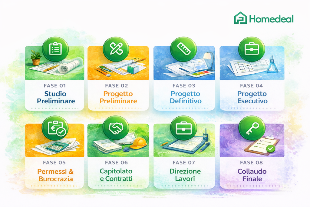 Cosa fa un architetto: infografica con le 8 fasi della procedura di lavoro, dallo studio preliminare al collaudo finale - Homedeal