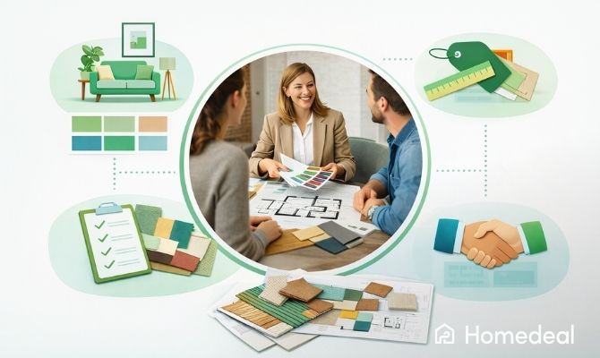 Infografica sul costo di un interior designer con consulenza di progettazione, scelta dei materiali, palette colori, arredi e accordo professionale - Homedeal